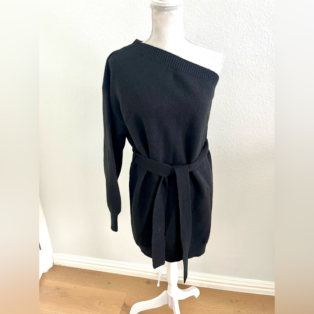 Blue Blush Black Knit One Shoulder Sweater Dress